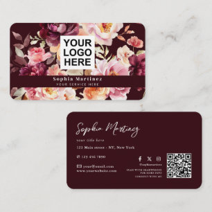 Vattenfärg Bouquet Blommig Burgunder & QR-kod Logo Visitkort