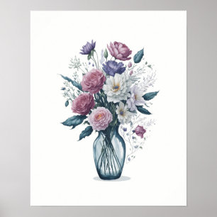 Vattenfärg Bouquet-blommor i Glass Vas Poster