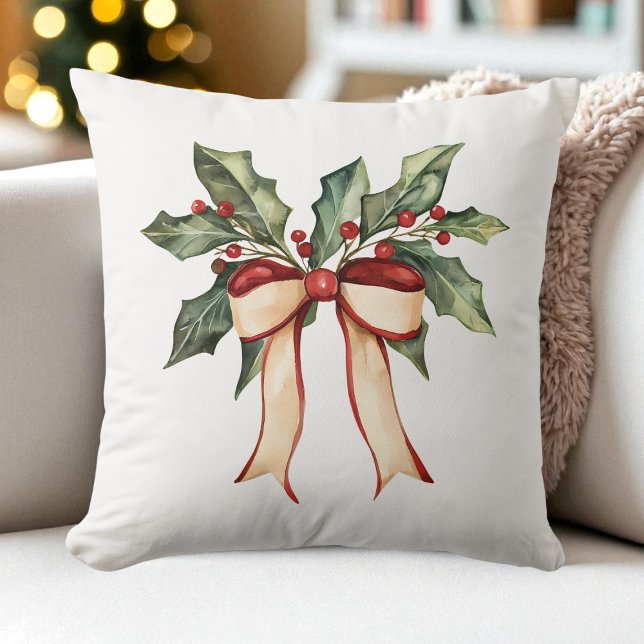 Vattenfärg Bow jul Holly Modern Rustic Kudde (Watercolor Bow Christmas Holly Modern Rustic Throw Pillow)