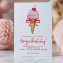 Vattenfärg Bow Rosa Ice Cream Cone Party