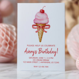 Vattenfärg Bow Rosa Ice Cream Cone Party Inbjudningar