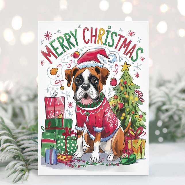 Vattenfärg Boxer Hund Julkort (Boxer Dog Christmas Card)