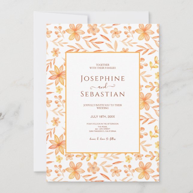 Vattenfärg Bränd Orange Blommönster Bröllop Inbjudningar (Framsida)