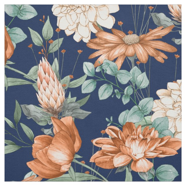 Vattenfärg Bränd Orange Vit blomma Mönster Tyg (Provkarta)