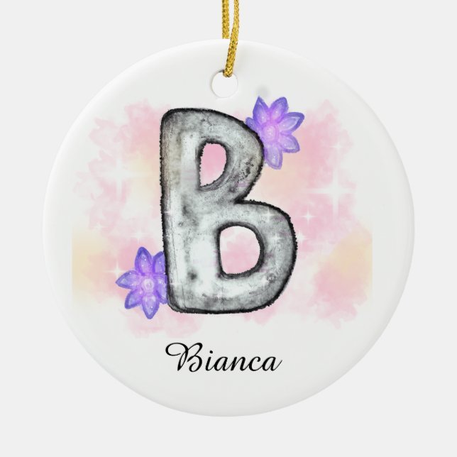 Vattenfärg Brev B med Lila blommor Julgransprydnad Keramik (Framsidan)