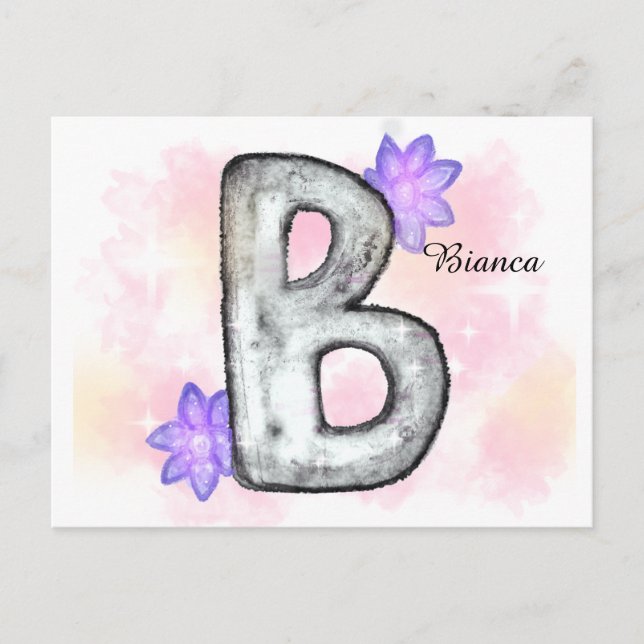 Vattenfärg Brev B med Lila blommor Vykort (Framsida)