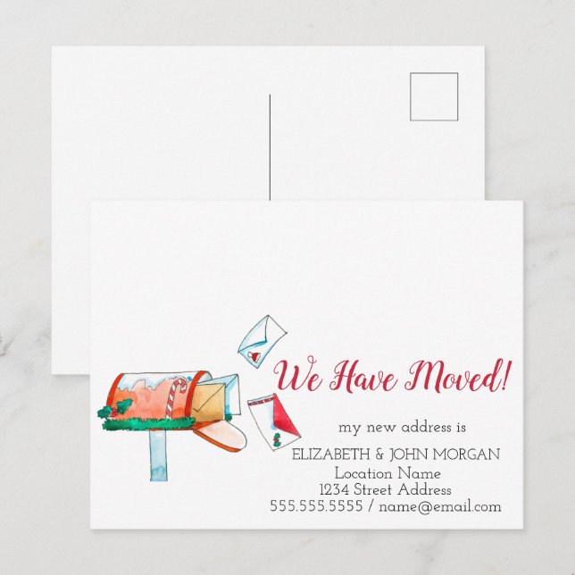 Vattenfärg brevlåda jul vi har flyttat  meddelande vykort (Fram/baksida)