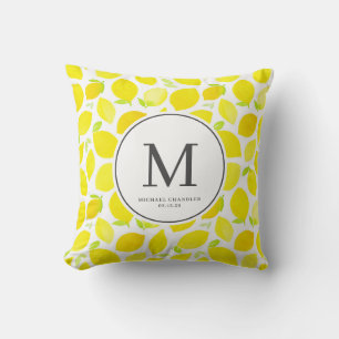 Vattenfärg Bright Gult Lemon Mönster Monogram Kudde