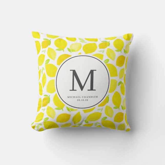 Vattenfärg Bright Gult Lemon Mönster Monogram Kudde (Framsida)