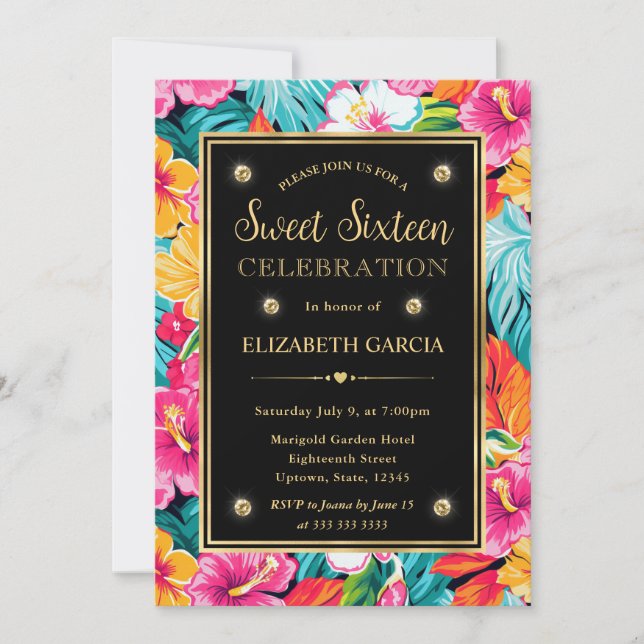 Vattenfärg Bright Tropical Preppy Flowers Sweet 16 Inbjudningar (Framsida)