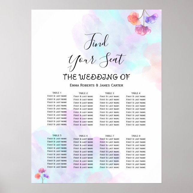 Vattenfärg Bröllop Placeringsplan Rosa Blå Poster (Framsidan)