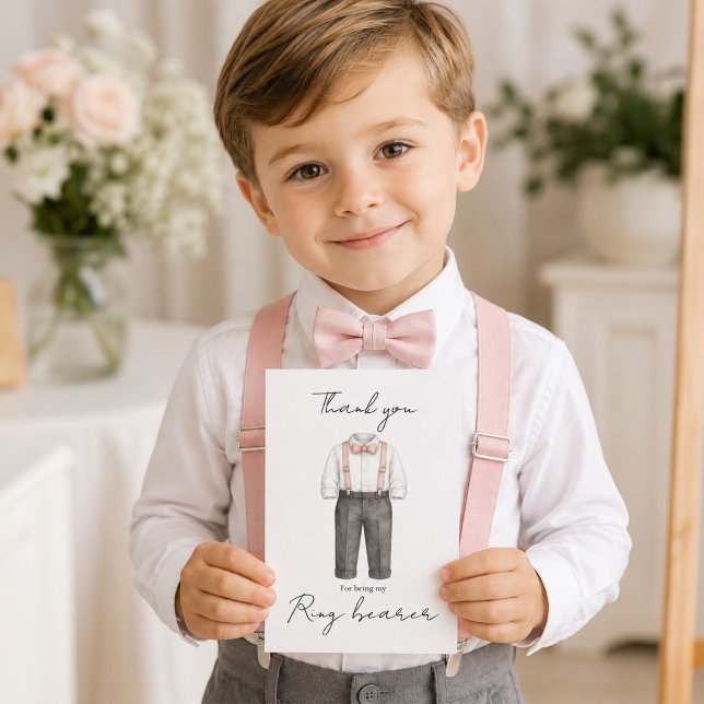 Vattenfärg Bröllop Tack Ringbärare  Kort (Personalized ring bearer thank you card with watercolor outfit and custom wedding message.)
