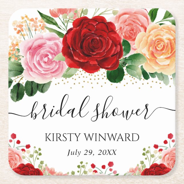 Vattenfärg Bröllopsdusch med röda och gula rosor Underlägg Papper Kvadrat (Framsidan)