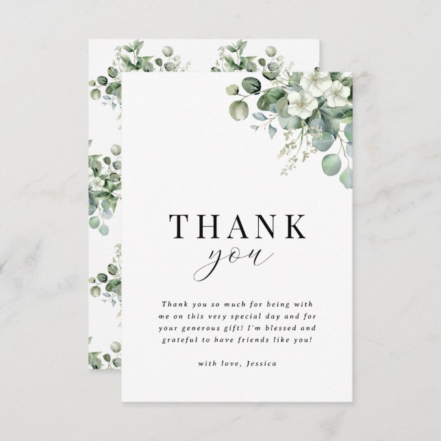 Vattenfärg bröllopsdusch med vit eukalyptus och bl tack kort (Fram/baksida)