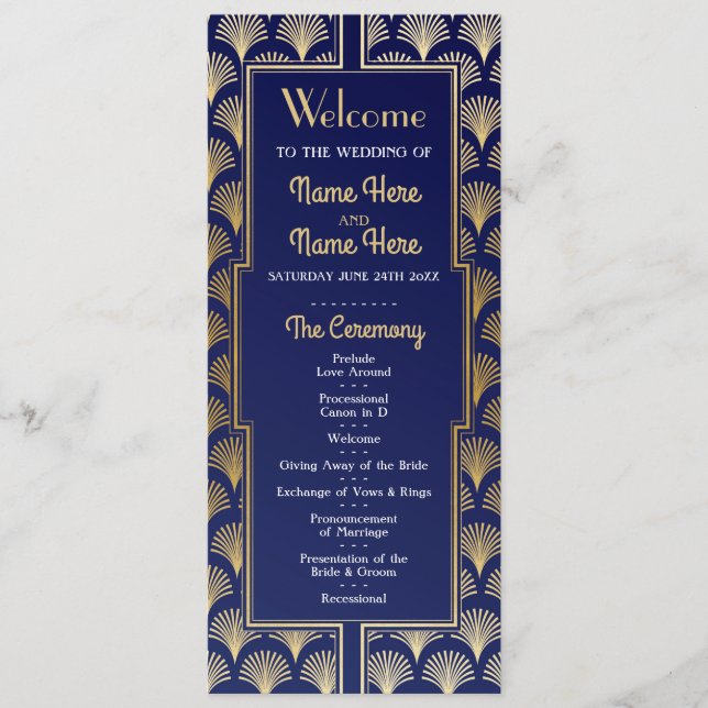 Vattenfärg Bröllopsprogram 1920-talets Art Deco Gu Program (Framsida)