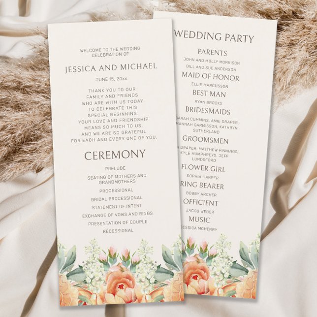 Vattenfärg Bröllopsprogram med Persika Blommor (Peach and cream-colored watercolor floral wedding program)