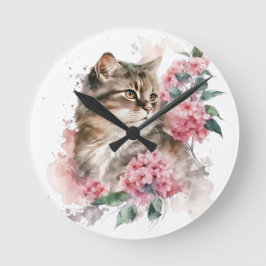 VATTENFÄRG BROWN TABBY KATT MED ROSA BLOMMOR RUND KLOCKA