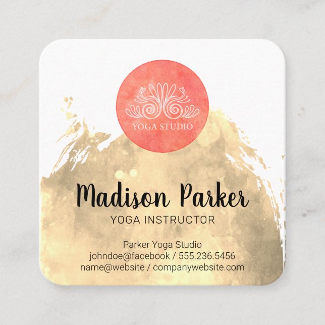 Vattenfärg, Brukad | Yoga Studio | Instruktör II Fyrkantigt Visitkort (Framsida)