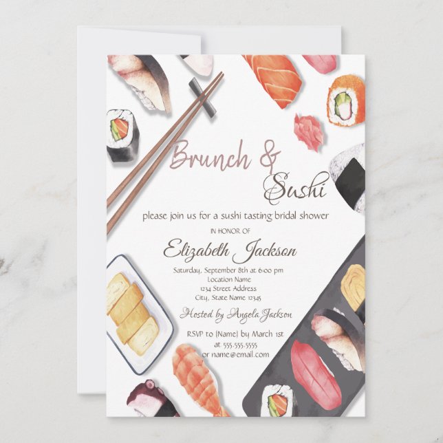 Vattenfärg Brunch & Sushi Bröllopsdusch   Inbjudningar (Framsida)