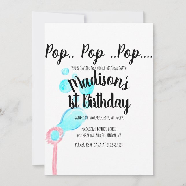 Vattenfärg Bubbelpinne Pop Pop Pop Födelsedag Inbjudningar (Framsida)