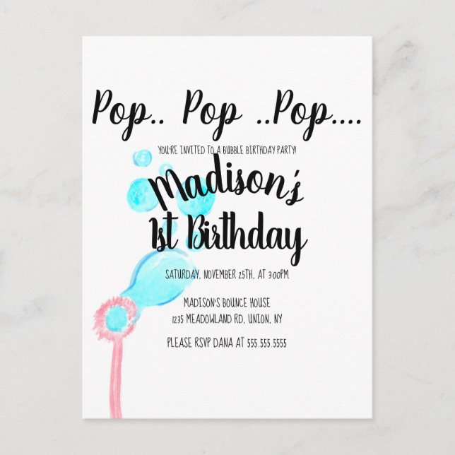 Vattenfärg Bubbelpinne Pop Pop Pop Födelsedag  Vykort (Framsida)