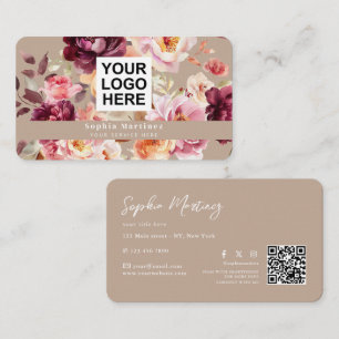 Vattenfärg Bukett Blommig Burgunder & QR-kod Logot Visitkort