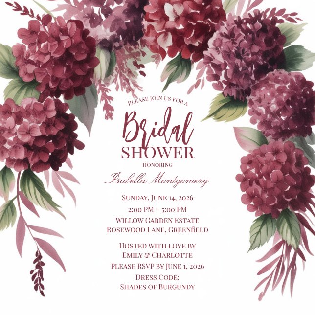 Vattenfärg Burgunder Hydrangea Blommig Båge Inbjudningar (Watercolor Burgundy Hydrangea Floral Arch Invitations
)
