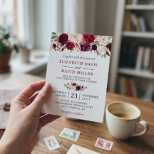 Vattenfärg Burgunderröd Blommig Rustik Boho Bröllo