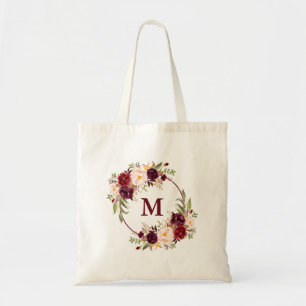 Vattenfärg Burgunderröd blomsterkransmonogram Tygkasse