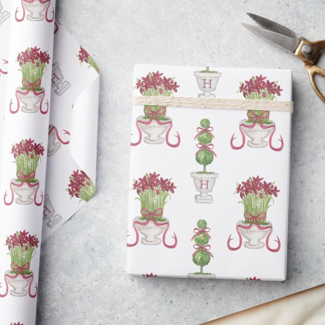 Vattenfärg Burgundy Amaryllis & Topiary Monogram Presentpapper (Skapare uppladdad)