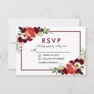 Vattenfärg Burgundy Blommig Boho Bröllop RSVP OSA Kort
