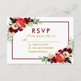 Vattenfärg Burgundy Blommig Guld Boho Bröllop RSVP OSA Kort