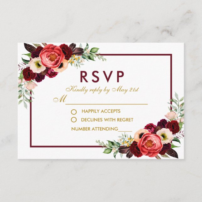 Vattenfärg Burgundy Blommig Guld Boho Bröllop RSVP OSA Kort (Framsida)