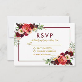 Vattenfärg Burgundy Blommig Guld Boho Bröllop RSVP OSA Kort