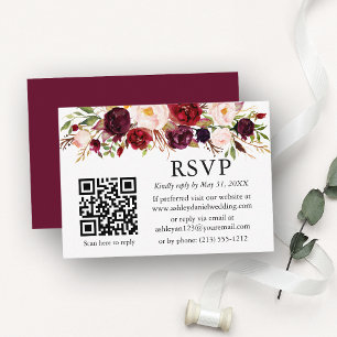 Vattenfärg Burgundy Blommig QR Bröllop RSVP Tilläggskort