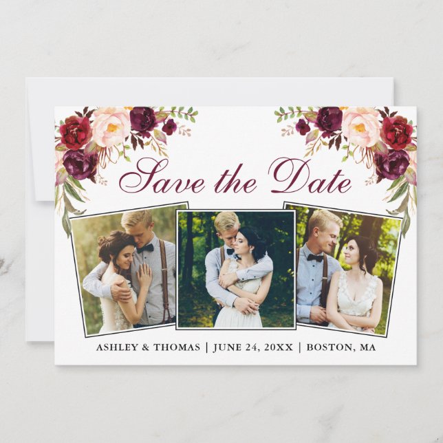 Vattenfärg Burgundy Blommigt 3 Foton Spara Datumet (Framsida)