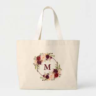 Vattenfärg Burgundy Blommigt, andningsmonogram Jumbo Tygkasse