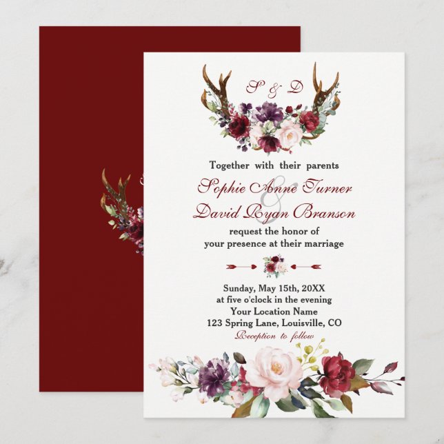 Vattenfärg Burgundy  Blommigt Antlers Bröllop Inbjudningar (Fram/baksida)