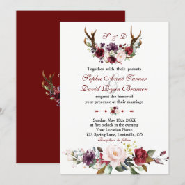 Vattenfärg Burgundy  Blommigt Antlers Bröllop Inbjudningar