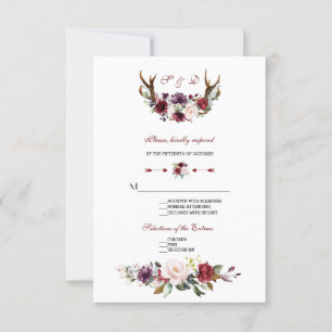 Vattenfärg Burgundy Blommigt Antlers Bröllop OSA Kort