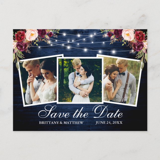 Vattenfärg Burgundy Blommigt Blue Wood 3 Photo Vykort (Framsida)