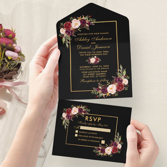 Vattenfärg Burgundy Blommigt Bröllop Guld (All In One Wedding Invitation with tear off RSVP Card.)