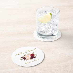 Vattenfärg Burgundy Blommigt Guld Bröllop Underlägg Papper Rund