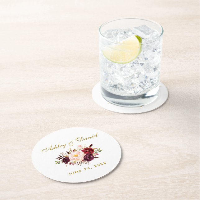 Vattenfärg Burgundy Blommigt Guld Bröllop Underlägg Papper Rund (Insitu)