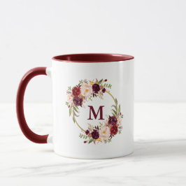 Vattenfärg Burgundy Blommigt Guld Circle Monogram Mugg
