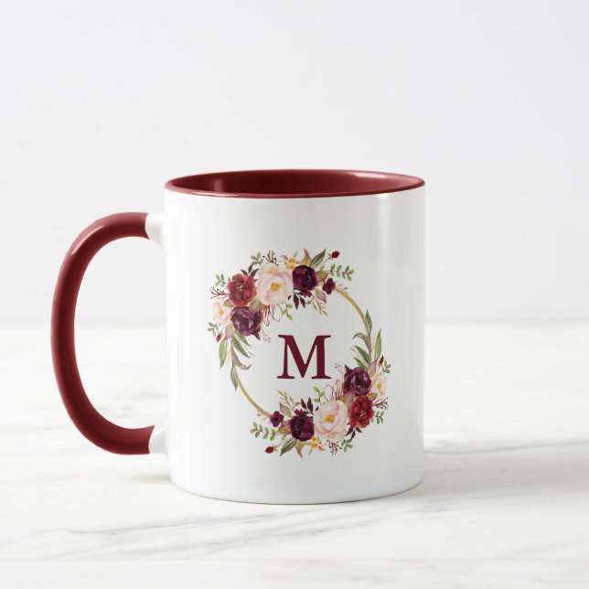 Vattenfärg Burgundy Blommigt Guld Circle Monogram  Mugg (Vänster)