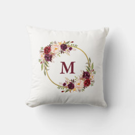 Vattenfärg Burgundy Blommigt Guld Monogram Kudde
