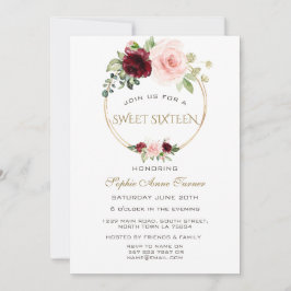 Vattenfärg Burgundy  Blommigt Guld Sweet 16 Inbjudningar