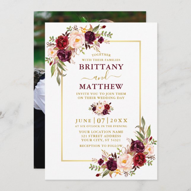 Vattenfärg Burgundy Blommigt Photo Guld Bröllop Inbjudningar (Fram/baksida)