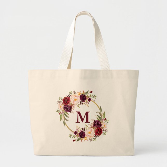 Vattenfärg Burgundy Blommigt Utandning Monogram Gu Jumbo Tygkasse (Framsidan)